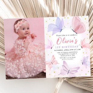 Pink Butterfly 1st Birthday Photo Invitation