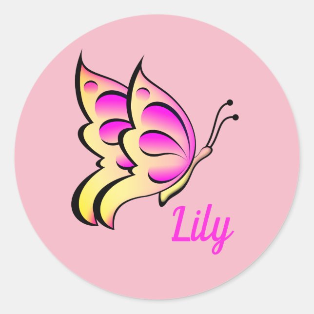 pink  butterfly - add name classic round sticker (Front)