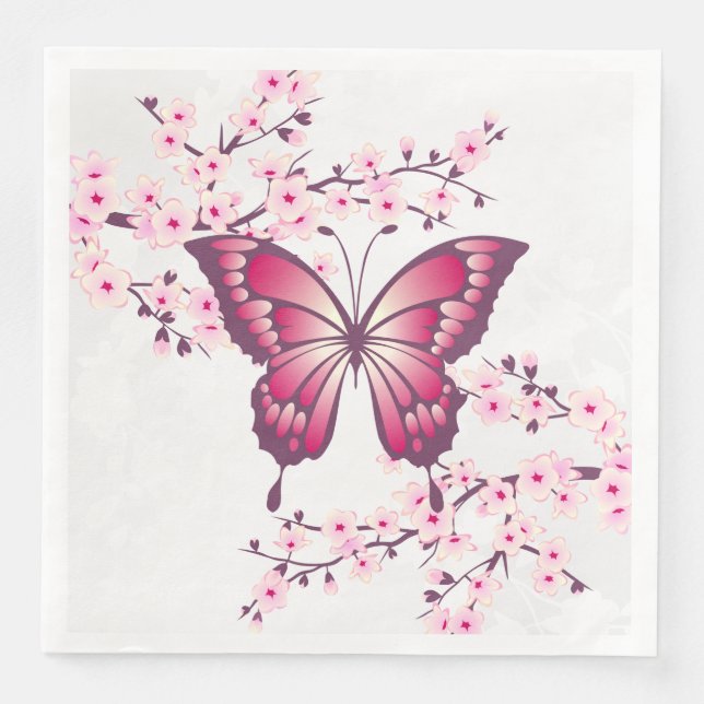 Pink Butterfly And Cherry Blossom Floral Napkin (Front)