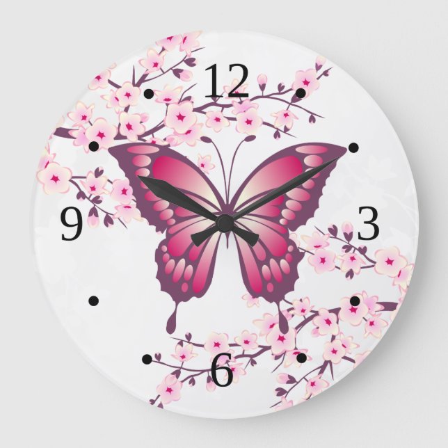 Pink Butterfly And Cherry Blossoms Large Clock (Front)