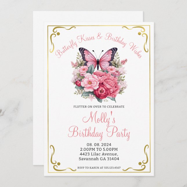 Pink Butterfly and Flowers Any Age Birthday Party  Invitation (Front/Back)