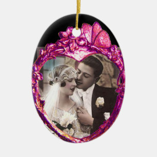 PINK BUTTERFLY AND FLOWERS HEART PHOTO TEMPLATE CERAMIC TREE DECORATION