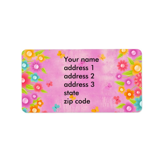 Pink butterfly and flowers label (Front)