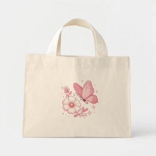 Pink Butterfly and Flowers Mini Tote Bag