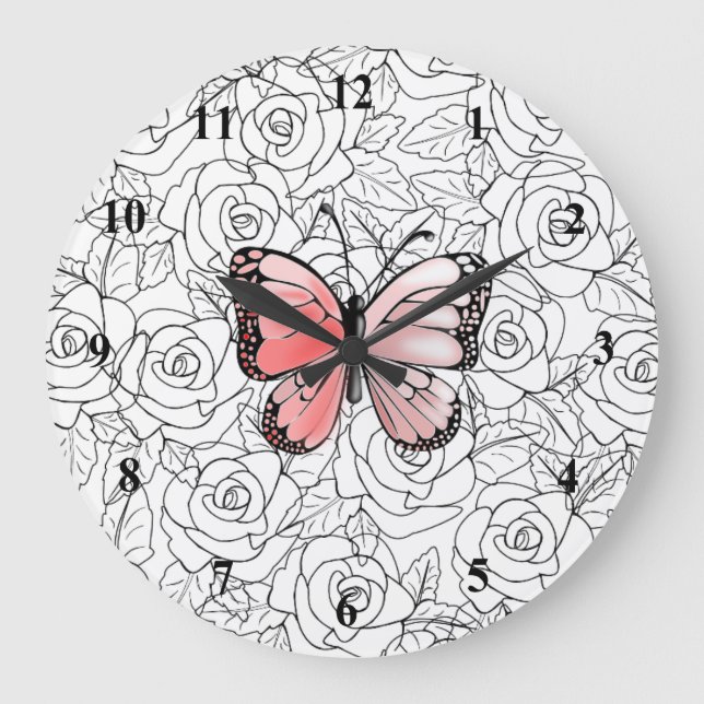 Pink Butterfly And Roses Art Large Clock (Front)