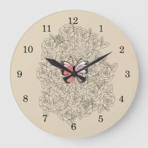 Pink Butterfly And Roses Art Large Clock