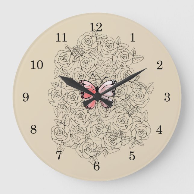 Pink Butterfly And Roses Art Large Clock (Front)