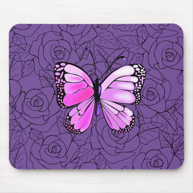 Pink Butterfly And Roses Art - Mouse Pad (Front)