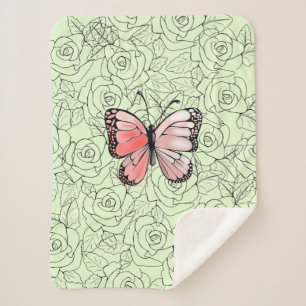 Pink Butterfly And Roses Art - Sherpa Blanket