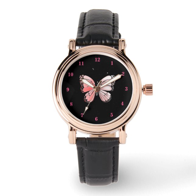 Pink Butterfly And Roses Art Watch (Front)
