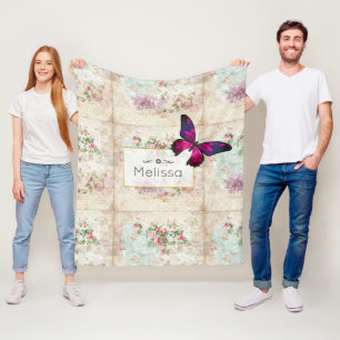 Pink Butterfly and Shabby Vintage Roses Fleece Blanket