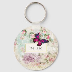 Pink Butterfly and Shabby Vintage Roses Key Ring