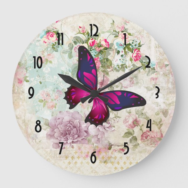 Pink Butterfly and Shabby Vintage Roses Large Clock (Front)