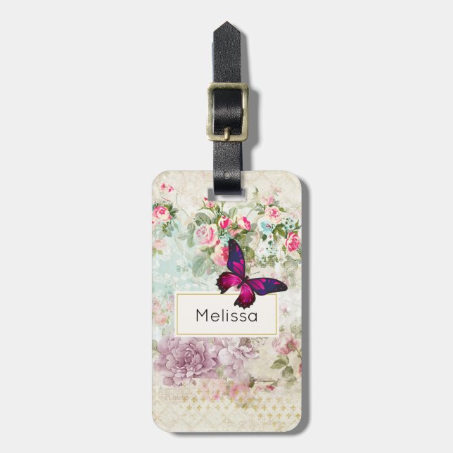 Pink Butterfly and Shabby Vintage Roses Luggage Tag (Front Vertical)