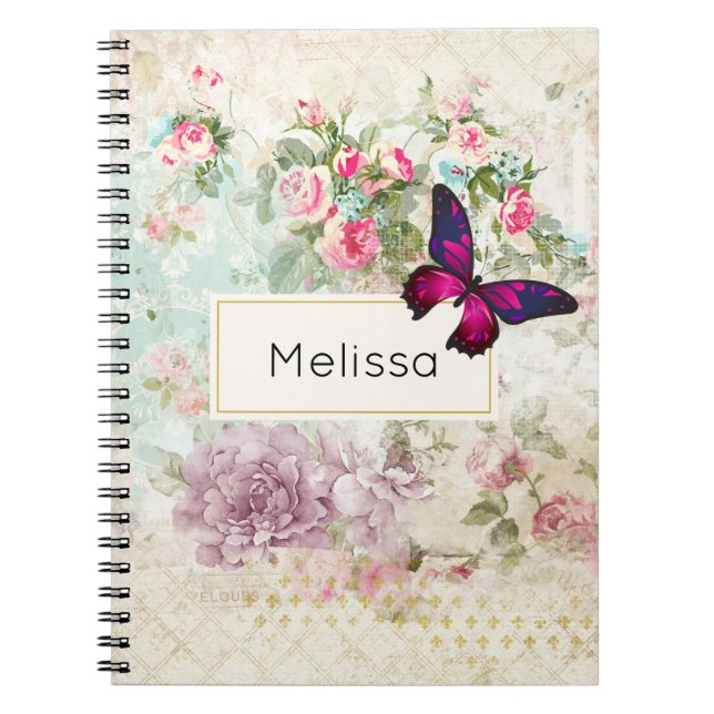 Pink Butterfly and Shabby Vintage Roses Notebook (Front)