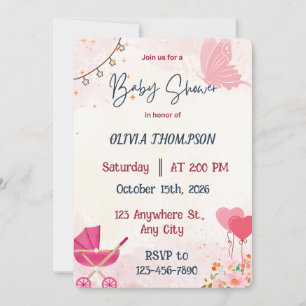 Pink Butterfly and Stroller Baby Girl Shower Invitation