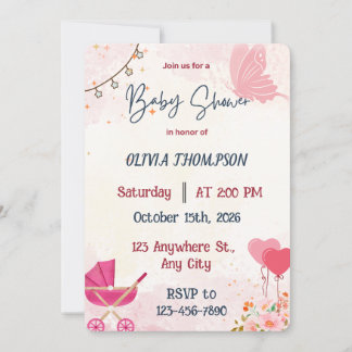 Pink Butterfly and Stroller Baby Girl Shower Invitation