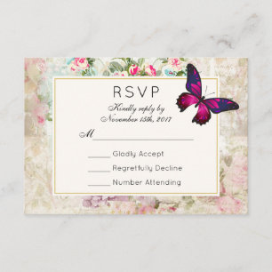 Pink Butterfly and Vintage Roses Wedding RSVP Card
