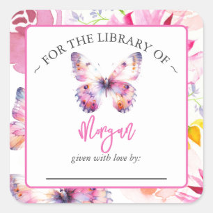 Pink Butterfly Baby Shower Bookplate Square Sticker