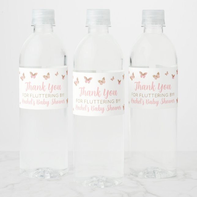 Pink Butterfly Baby Shower Favour Water Bottle Lab Label (Bottles)