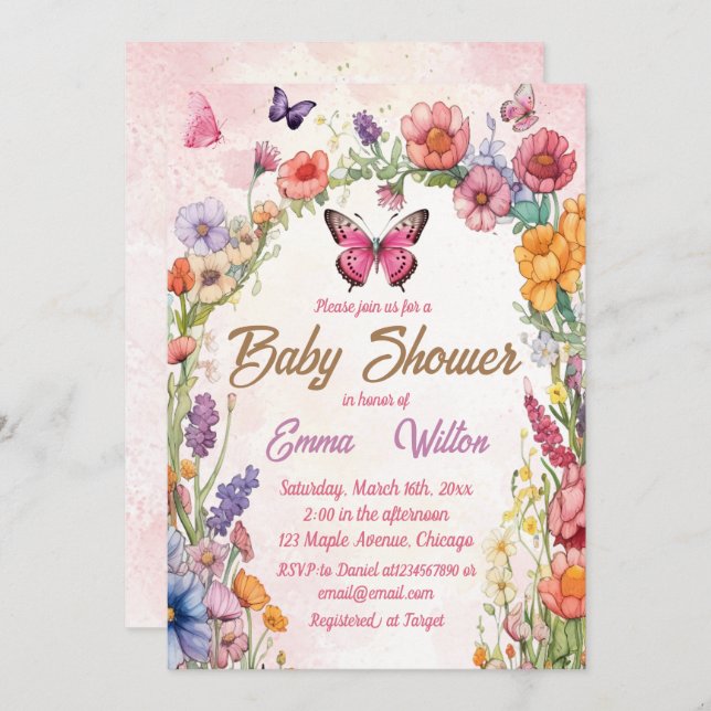 Pink Butterfly Baby Shower Floral Garden Invitation (Front/Back)