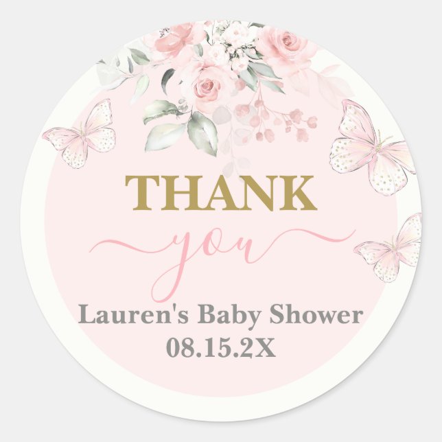 Pink Butterfly Baby Shower Girl Classic Round Sticker (Front)