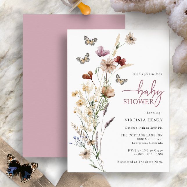 Pink Butterfly Baby Shower Invitation (Pink Boho Wildflower Butterfly Baby Shower Invitation by Painted Paperie
)
