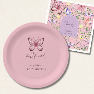 Pink Butterfly Baby Shower Paper Plate