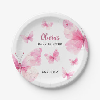 Pink Butterfly Baby Shower Paper Plate