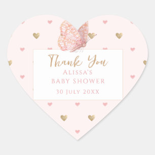 Pink Butterfly Baby Shower Thank You Heart Sticker