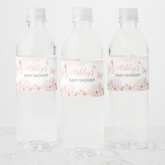 Pink Butterfly Baby Shower Water Bottle Label (Bottles)