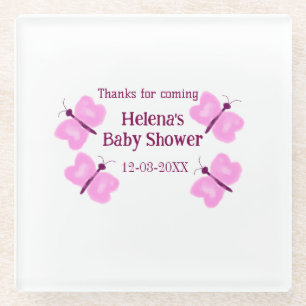 Pink butterfly Baby shower watercolor add name Glass Coaster