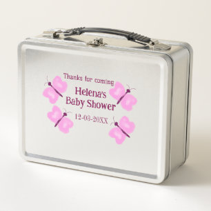 Pink butterfly Baby shower watercolor add name Metal Lunch Box