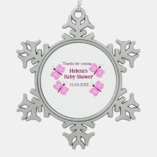 Pink butterfly Baby shower watercolor add name Snowflake Pewter Christmas Ornament