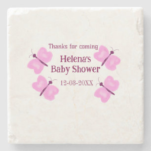 Pink butterfly Baby shower watercolor add name Stone Coaster