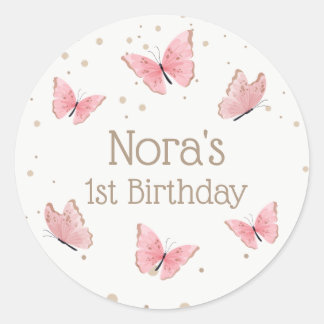 Pink Butterfly Birthday  Classic Round Sticker