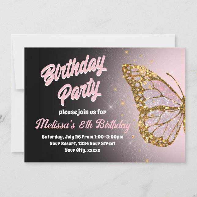 Pink butterfly Birthday Invitation (Front)