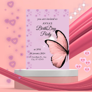  Pink Butterfly Birthday Invitation