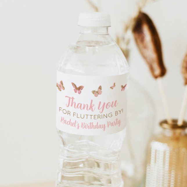 Pink Butterfly Birthday Party Favour Water Bottle  Label (Creator Uploaded)