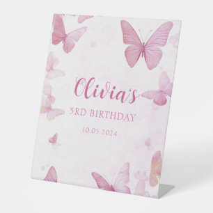 Pink Butterfly Birthday Party Pedestal Sign