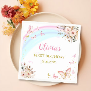 Pink Butterfly Boho Floral Birthday Party  Napkin