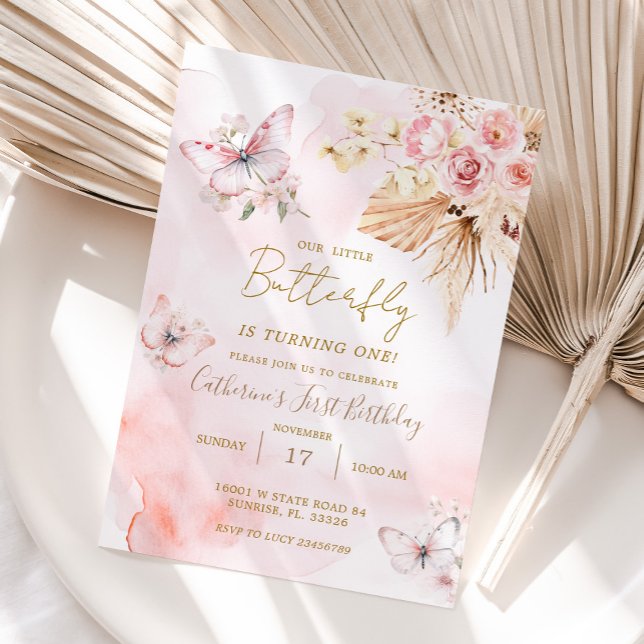 Pink Butterfly Boho Flowers 1st Birthday Floral  Invitation (Creator Uploaded)