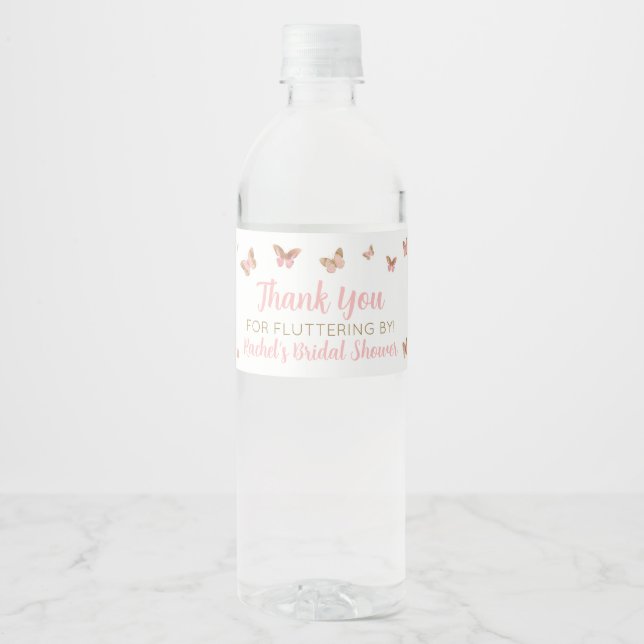 Pink Butterfly Bridal Shower Favour Water Bottle Label (Front)