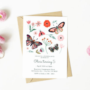Pink Butterfly Bugs Flower Birthday Invitation