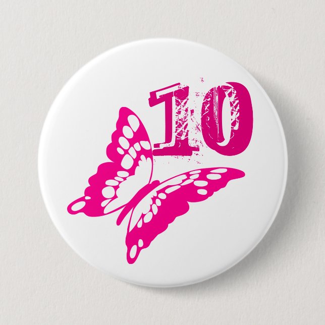 Pink butterfly button for age 10. (Front)