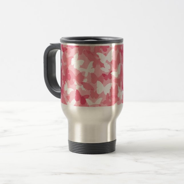 Pink Butterfly Camouflage Travel Mug (Front Left)