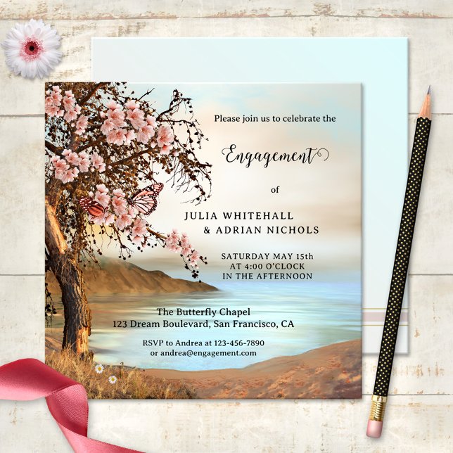 Pink Butterfly Cherry Blossom Engagement Invitation (Engagement invitation featuring a painting of an ocean with a cherry blossom tree and butterflies)
