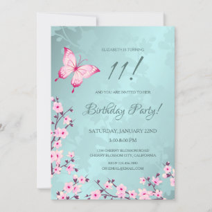 Pink Butterfly Cherry Blossom Turquoise Invitation