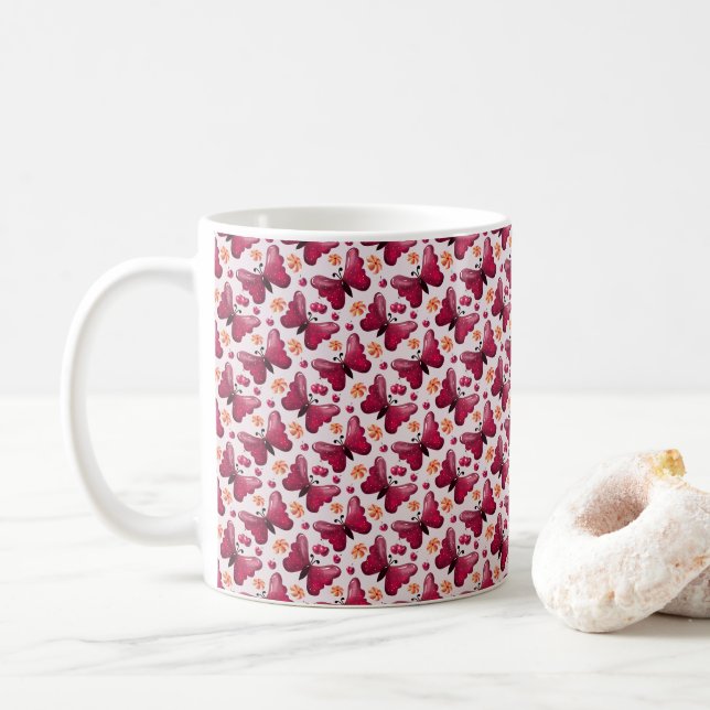 Pink Butterfly Cherry Seamless Pattern Coffee Mug (With Donut)