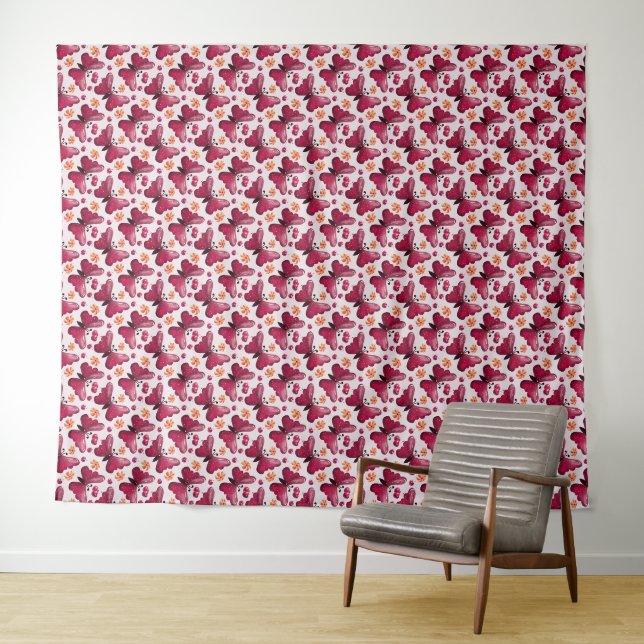 Pink Butterfly Cherry Seamless Pattern Tapestry (In Situ (Horizontal))